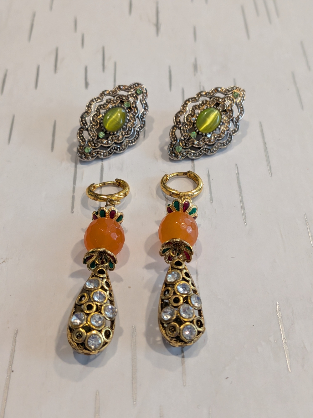 Gold-Tone Orange Drop Earrings with Green Accents Set Of 2 Pairs